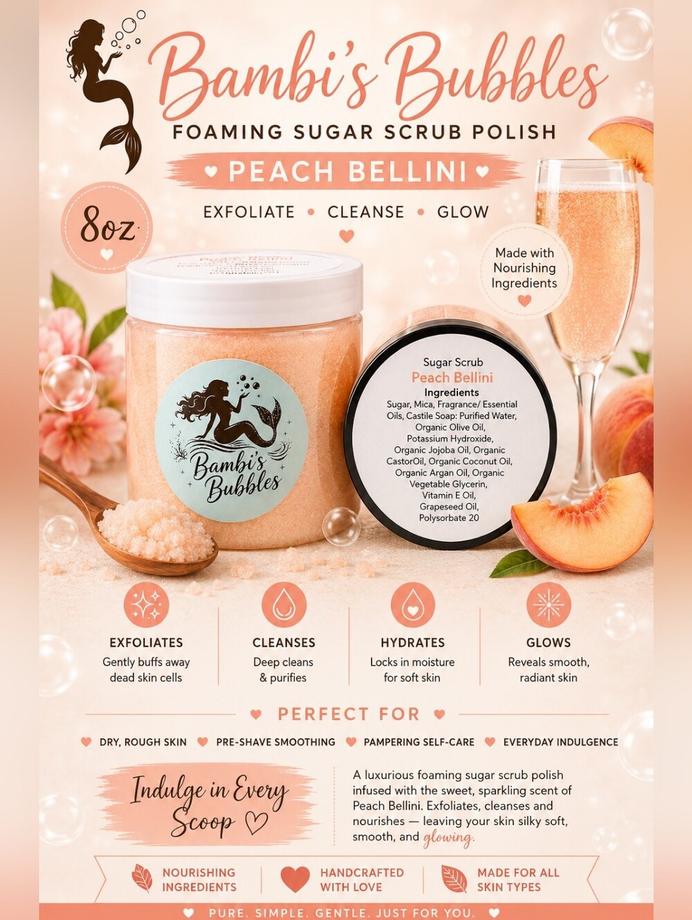 8oz Peach Belline Hand Crafted Foaming Sugar Polish Scrub